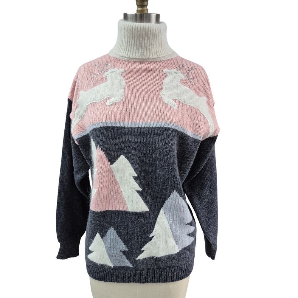1980s Vintage JP Val Pink Grey Reindeer Sweater Wool Angora Blend Sz M